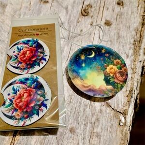 Floral and Night Sky Car Coasters and  air freshener set